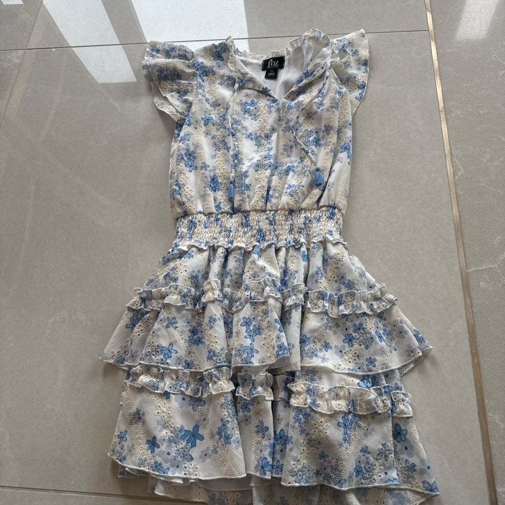 Blue & White Floral Ruffle Tiered Kids Dress by Lux
